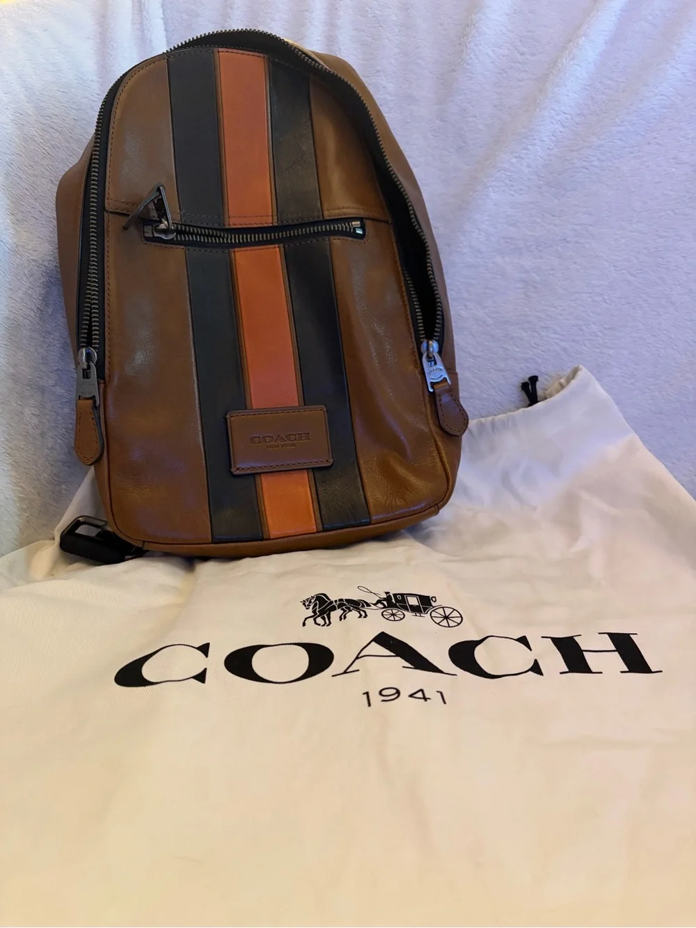 Coach Brown Leather Belt Bag with Black and Tan Stripes